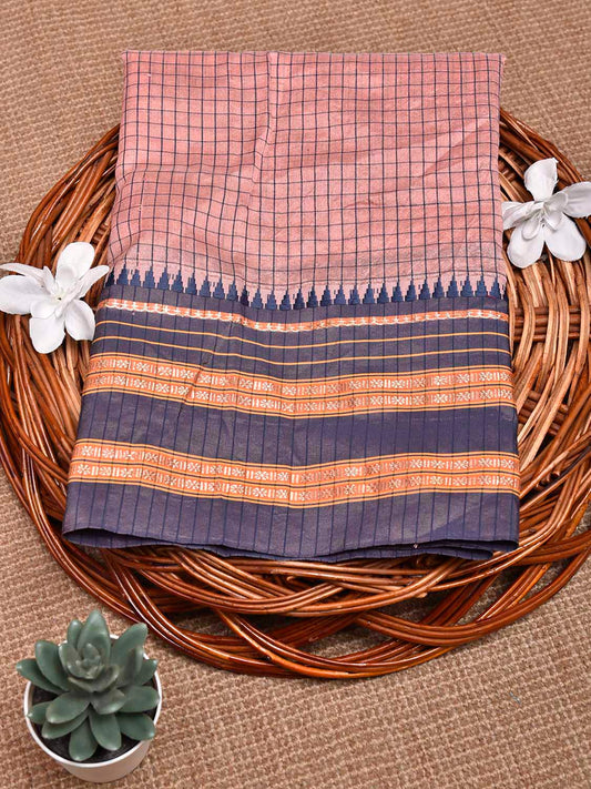 Peach and Dark Blue Bamboo Cotton Blouse with Checks Design Length 80cm Width 44 Inches BL0088