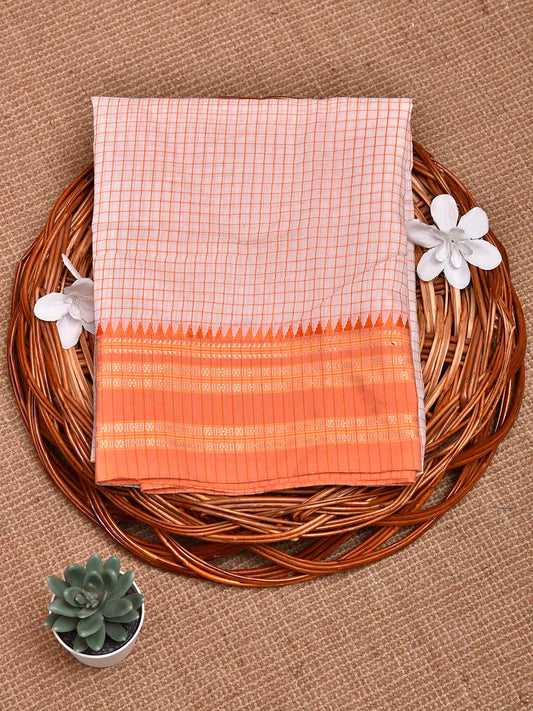 White and Orange Bamboo Cotton Blouse with Checks Design Length 80cm Width 44 Inches BL0091
