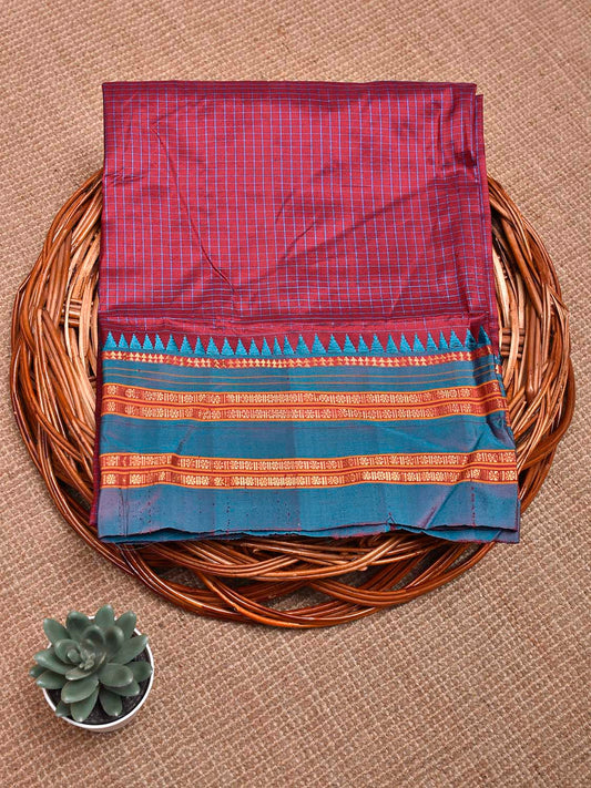 Maroon and Light Blue Narayanpet Silk Blouse with Checks Design Length 80cm Width 46 Inches BL0116