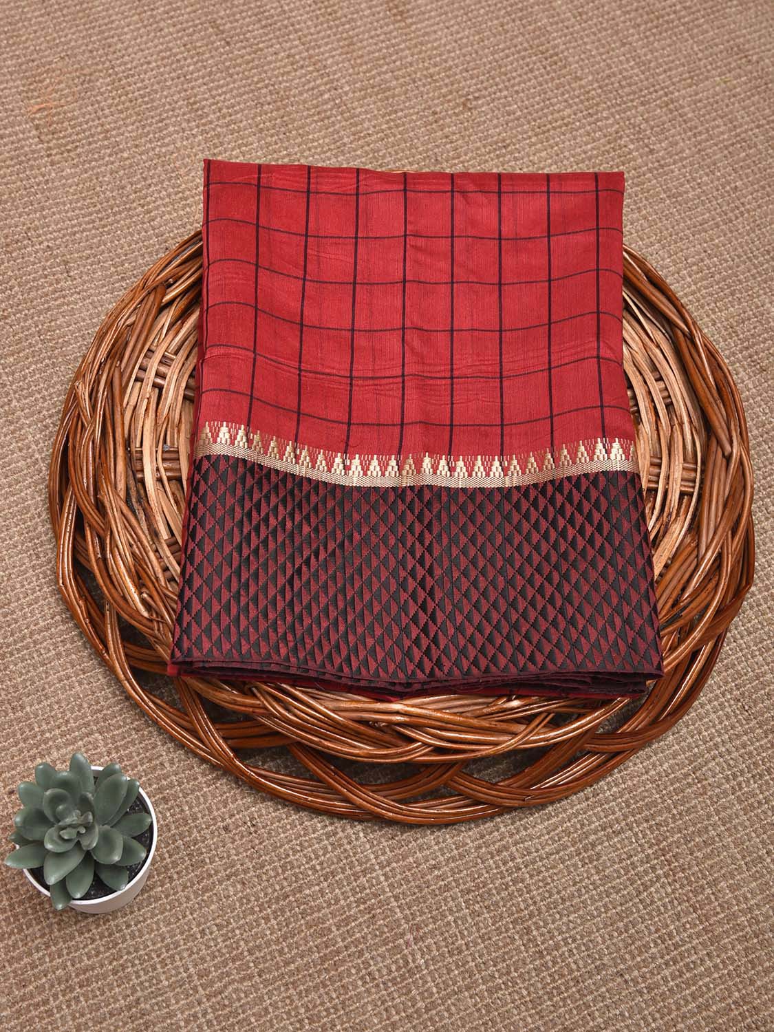 Red and Black Bamboo Cotton Blouse with Big Checks Design Length 90cm Width 44 Inches BL0119