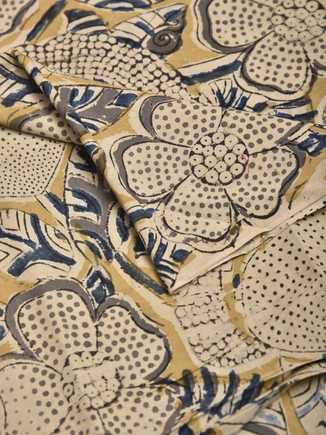 Mustard and Blue Kalamkari Block Print Cotton Blouse with Floral Design Length 1mt Width 44 Inches BL0122