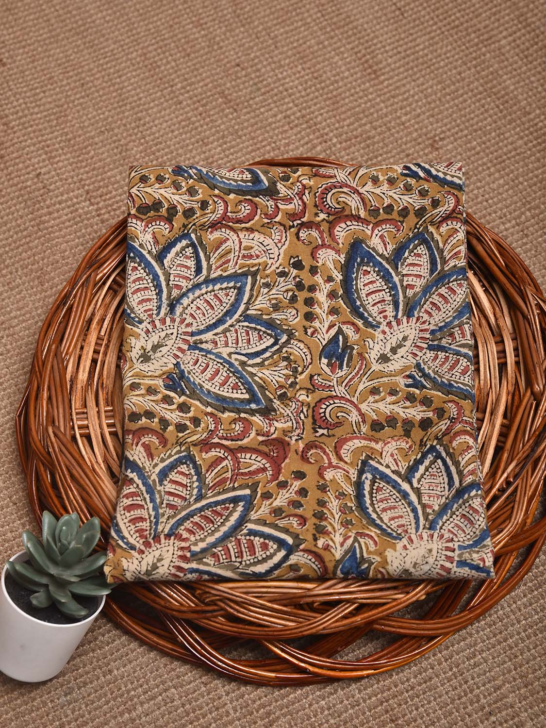 Mustard and Blue Kalamkari Block Print Cotton Blouse with Big Flower Design 1mt Length 35 Inches Width BL0171