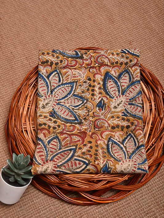 Mustard and Blue Kalamkari Block Print Cotton Blouse with Big Flower Design 1mt Length 35 Inches Width BL0171