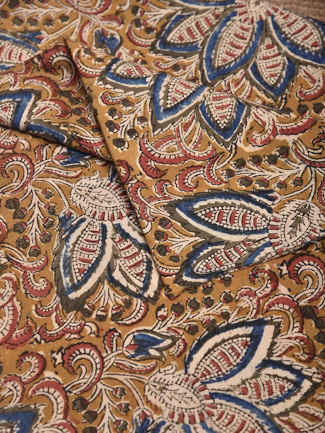 Mustard and Blue Kalamkari Block Print Cotton Blouse with Big Flower Design 1mt Length 35 Inches Width BL0171