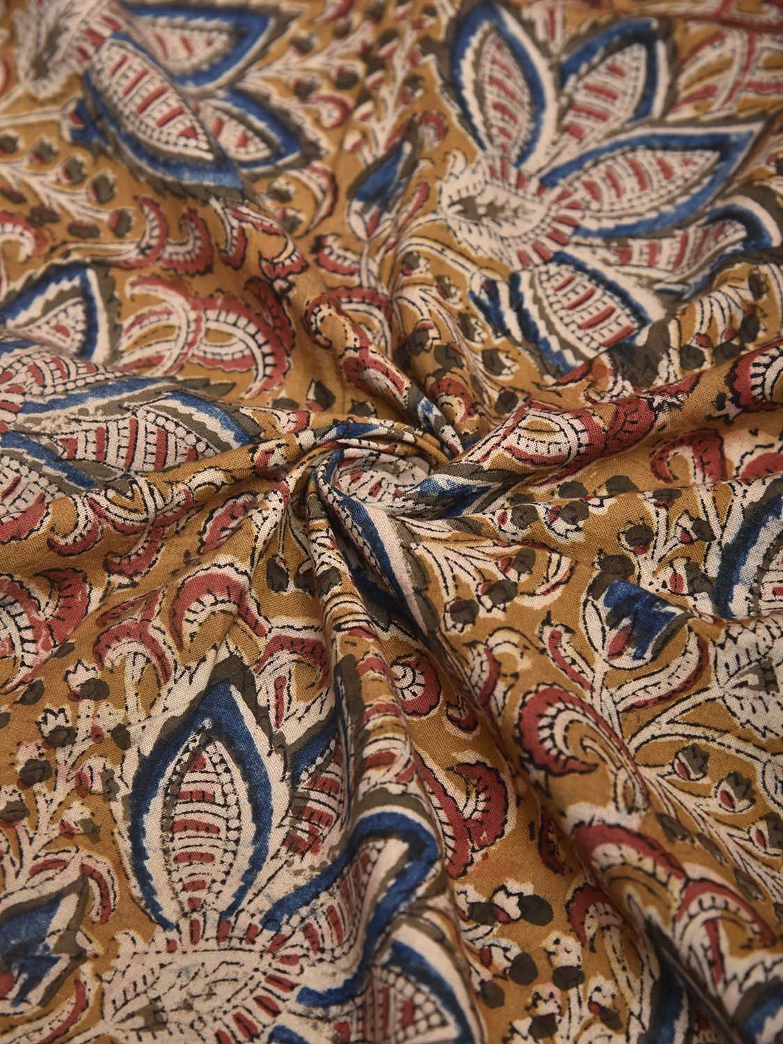 Mustard and Blue Kalamkari Block Print Cotton Blouse with Big Flower Design 1mt Length 35 Inches Width BL0171