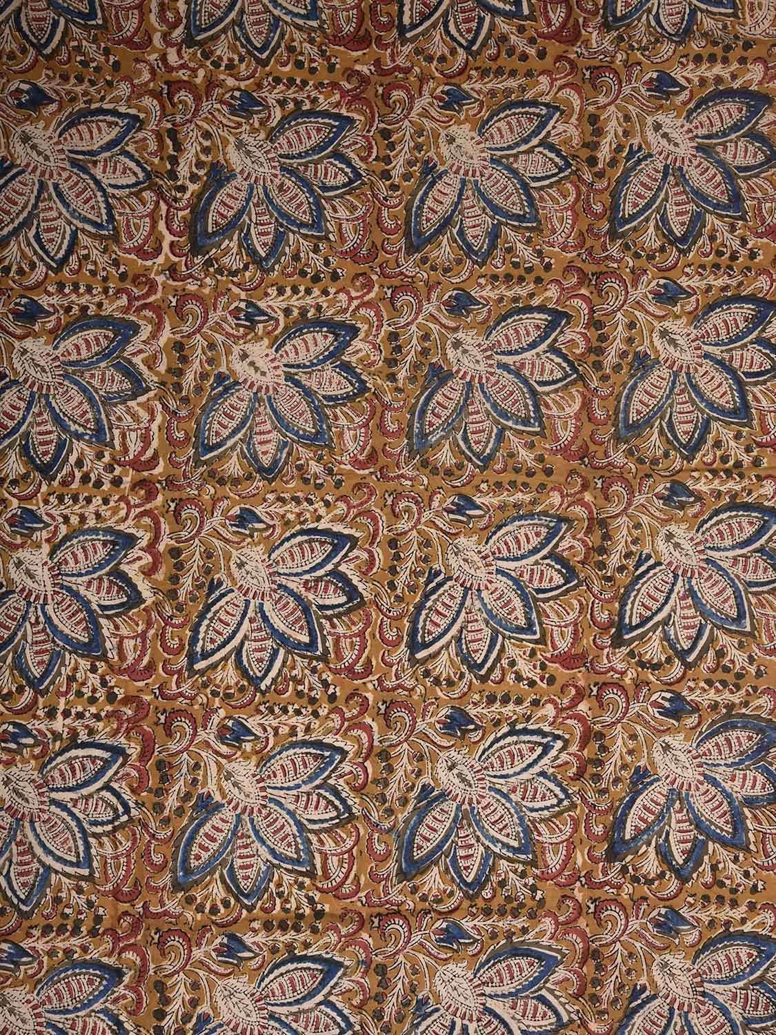 Mustard and Blue Kalamkari Block Print Cotton Blouse with Big Flower Design 1mt Length 35 Inches Width BL0171