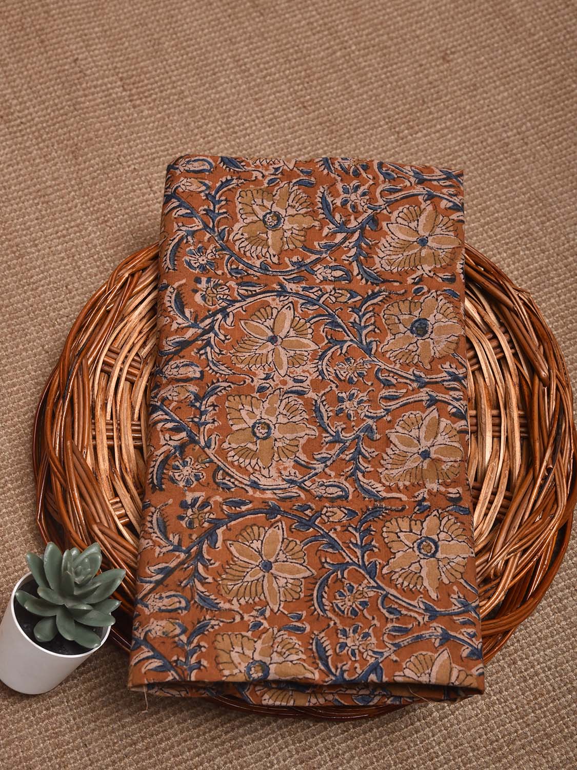 Rust and Blue Kalamkari Block Print Cotton Blouse with Floral Design 1mt Length 35 Inches Width BL0173