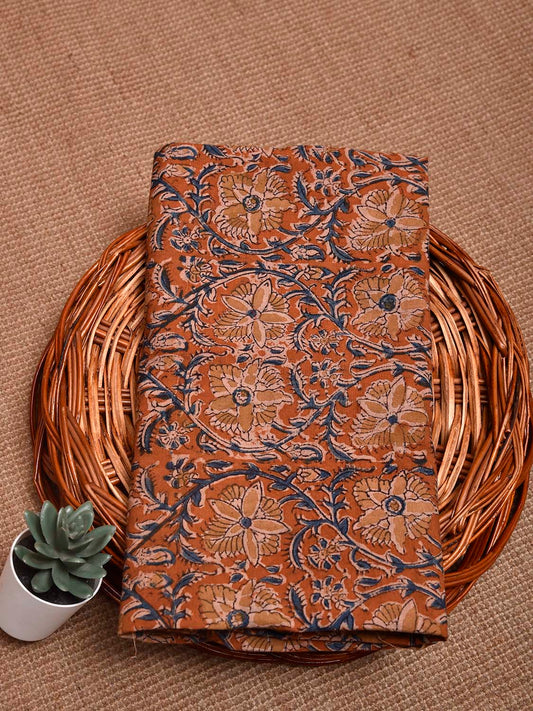 Rust and Blue Kalamkari Block Print Cotton Blouse with Floral Design 1mt Length 35 Inches Width BL0173