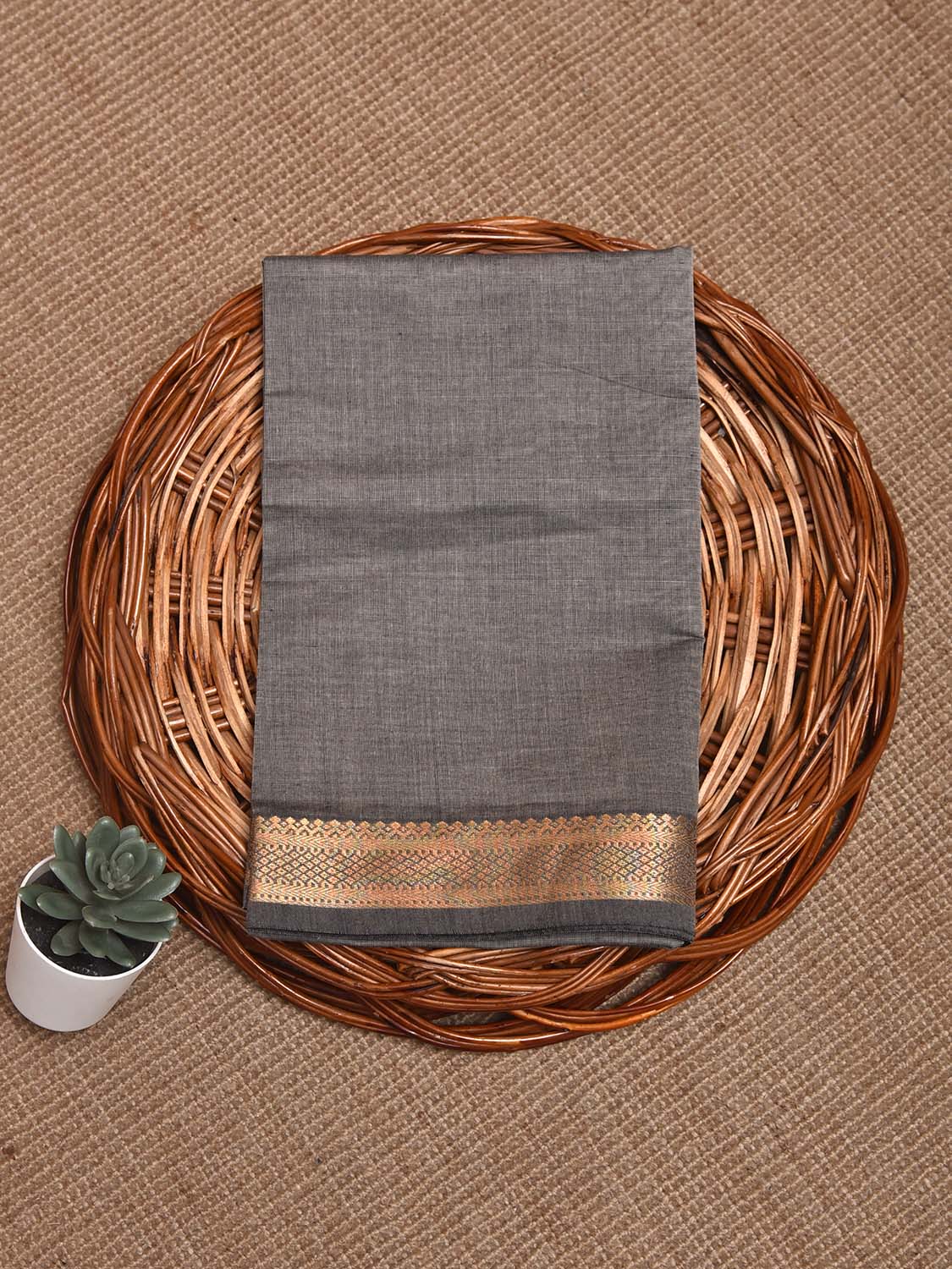 Grey Mangalgiri Cotton Blouse with Zari Border Design Length 1mt Width BL0182