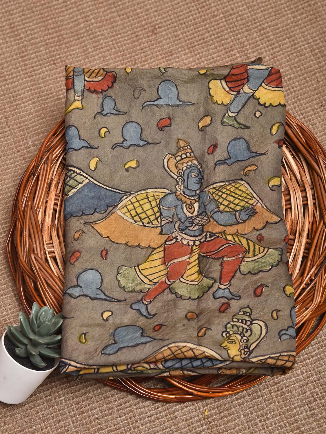 Grey Kalamkari Hand Painted Cotton Handloom Blouse with Mythological Figure Design Length 1mt Width 44 Inches BL0185