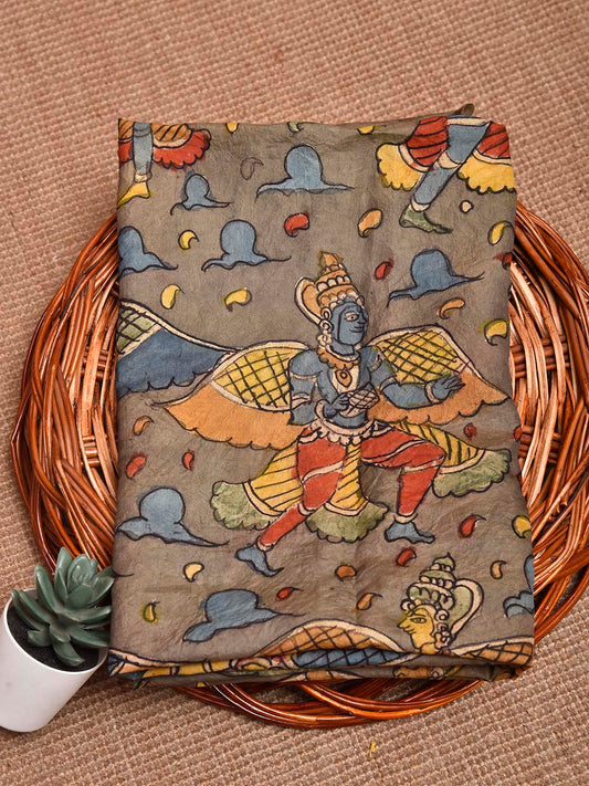 Grey Kalamkari Hand Painted Cotton Handloom Blouse with Mythological Figure Design Length 1mt Width 44 Inches BL0185