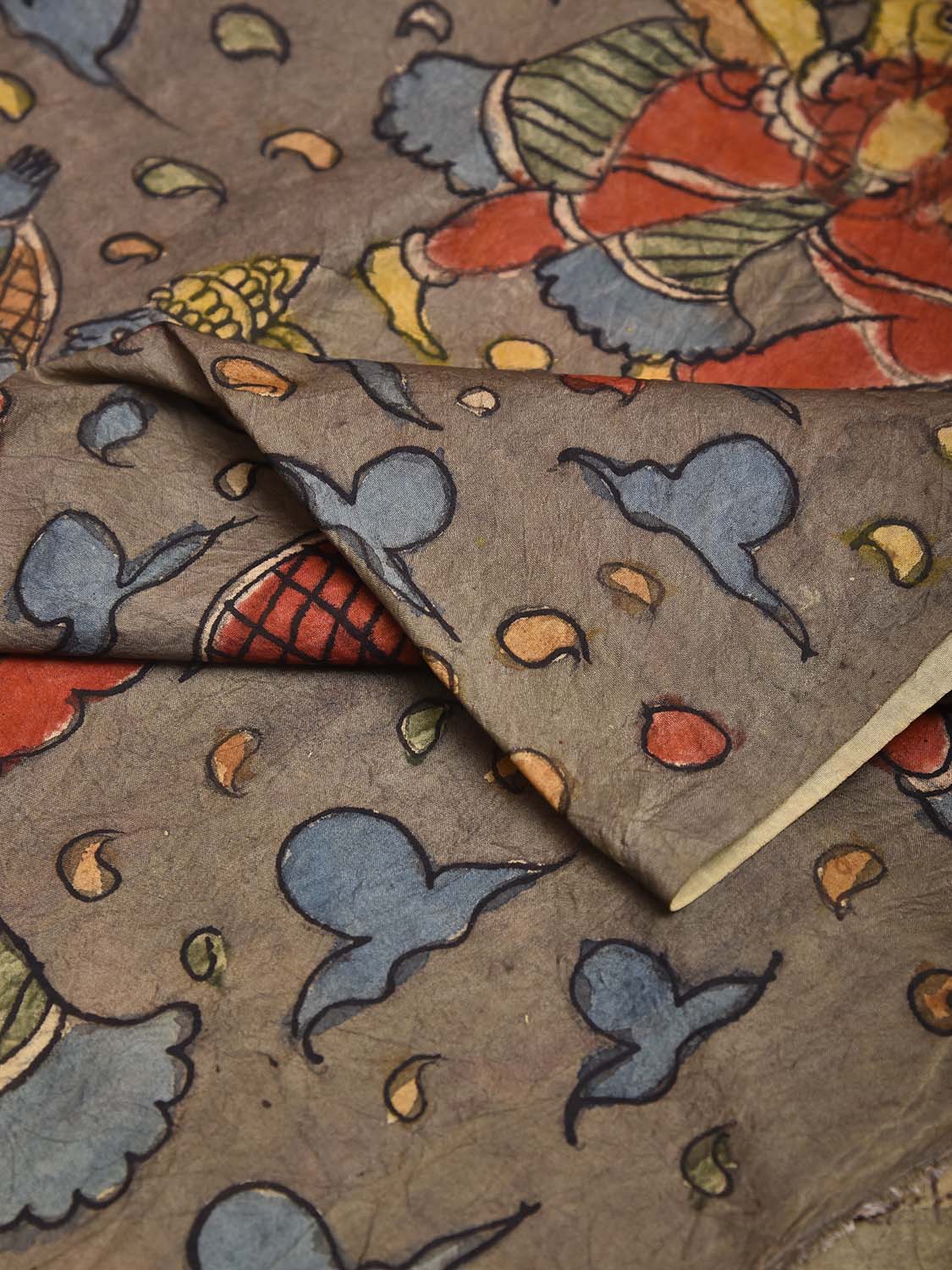 Grey Kalamkari Hand Painted Cotton Handloom Blouse with Mythological Figure Design Length 1mt Width 44 Inches BL0185