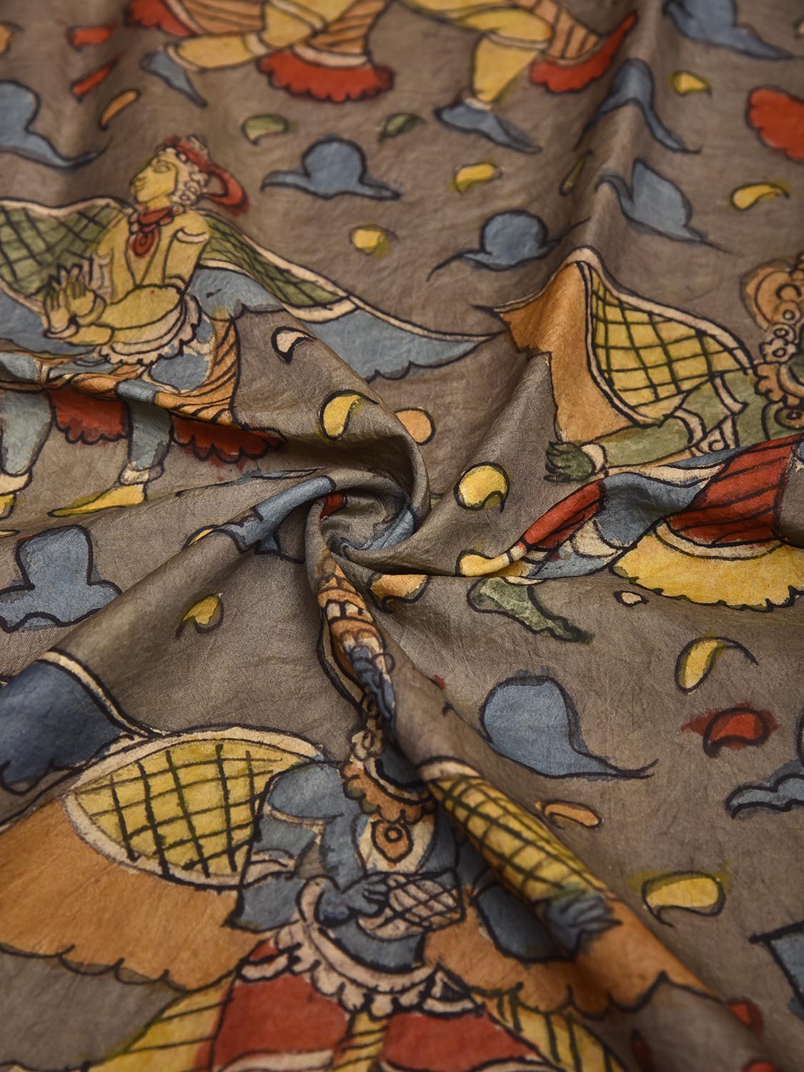 Grey Kalamkari Hand Painted Cotton Handloom Blouse with Mythological Figure Design Length 1mt Width 44 Inches BL0185