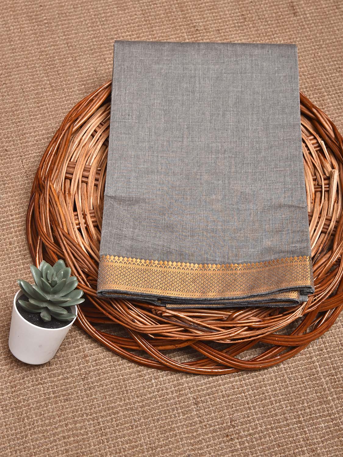 Grey Mangalgiri Cotton Blouse with Zari Border Design Length 1mt Width 44 Inches BL0188