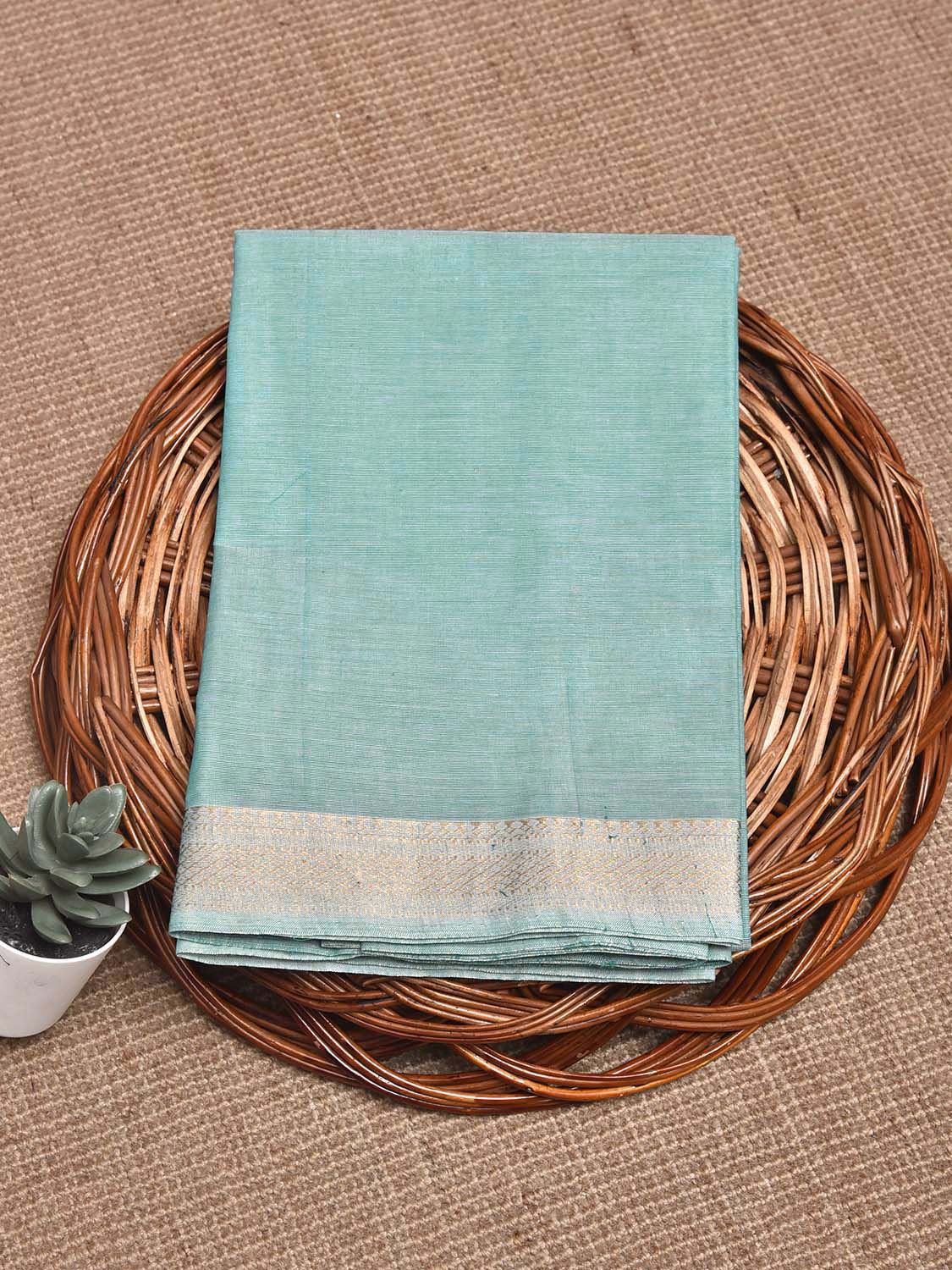 Turquoise Mangalgiri Cotton Blouse with Zari Border Design Length 1mt Width 44 Inches BL0189