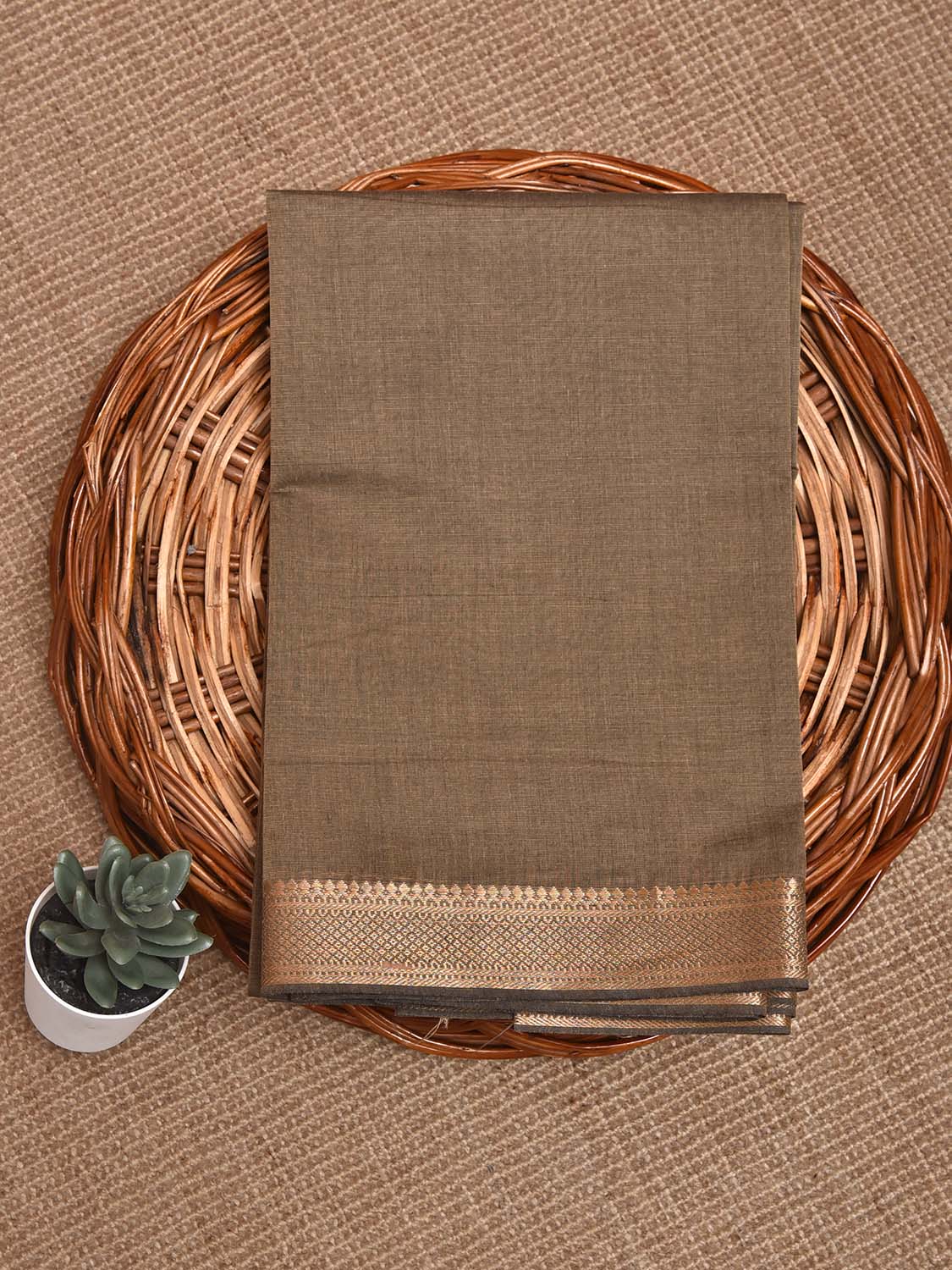 Khaki Mangalgiri Cotton Blouse with Zari Border Design Length 1mt Width 44 Inches BL0192