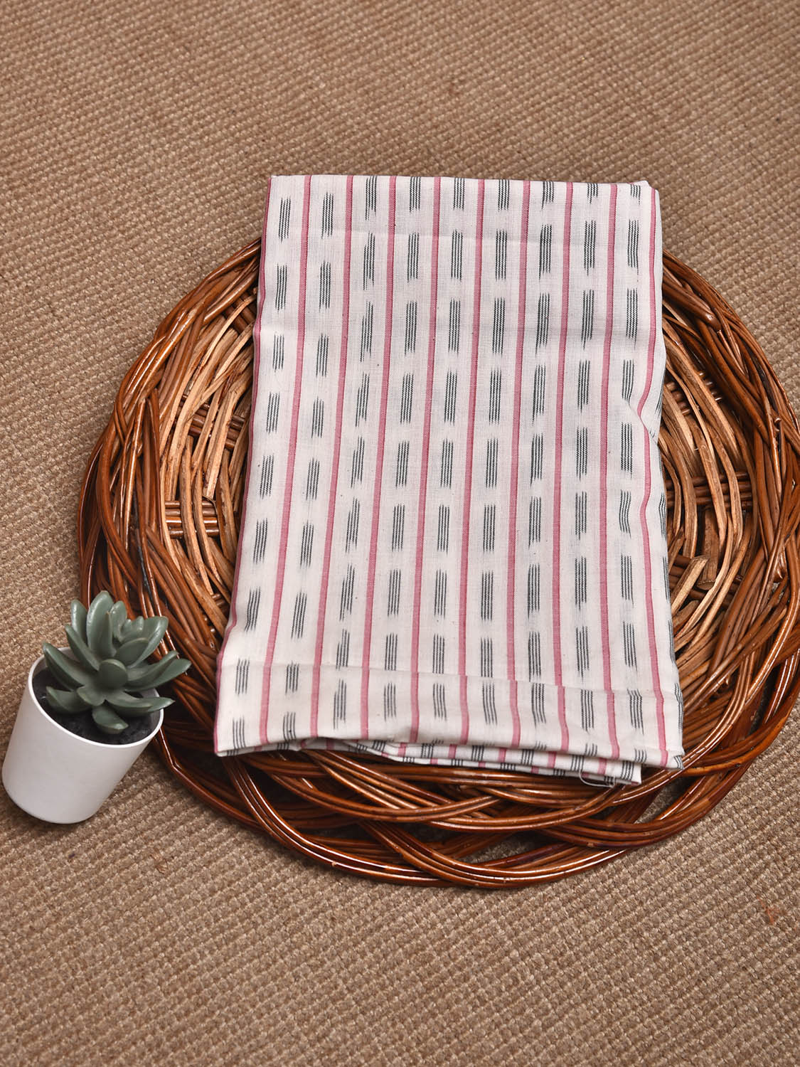 White and Red Pochampally Ikat Cotton Blouse with Strips Design Length 1mt Width 44 Inches BL0196