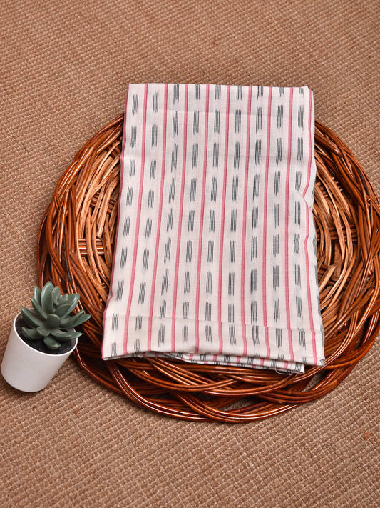 White and Red Pochampally Ikat Cotton Blouse with Strips Design Length 1mt Width 44 Inches BL0196