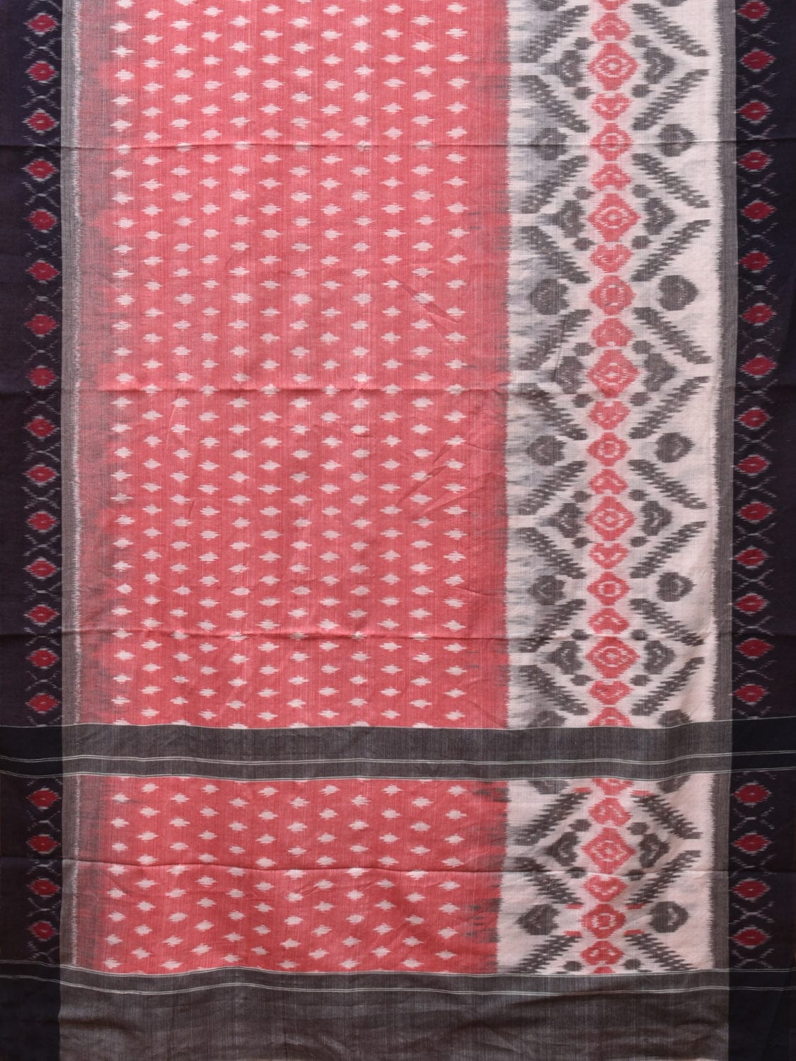 Black and Baby Pink Pochampally Ikat Cotton Handloom Saree with One Side Border Design No Blouse i0834