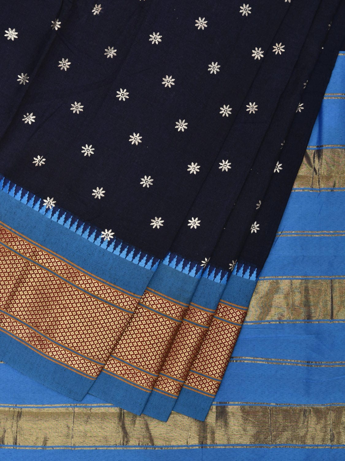 Black and Blue Bamboo Cotton Saree with Small Body Buta Design bc0275