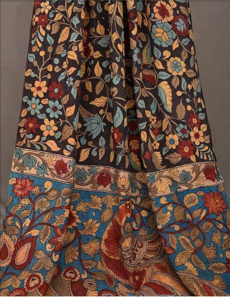 Black and Blue Kalamkari Hand Painted Heavy Crepe Saree with Floral and Peacock Pallu Design KL0426