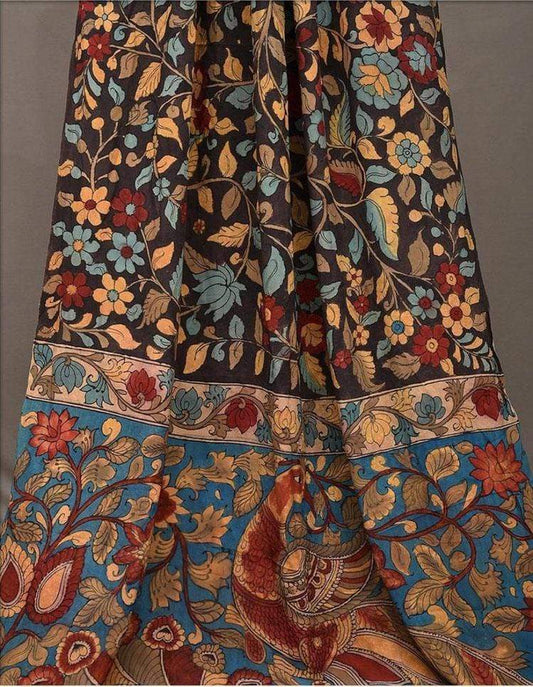 Black and Blue Kalamkari Hand Painted Heavy Crepe Saree with Floral and Peacock Pallu Design KL0426