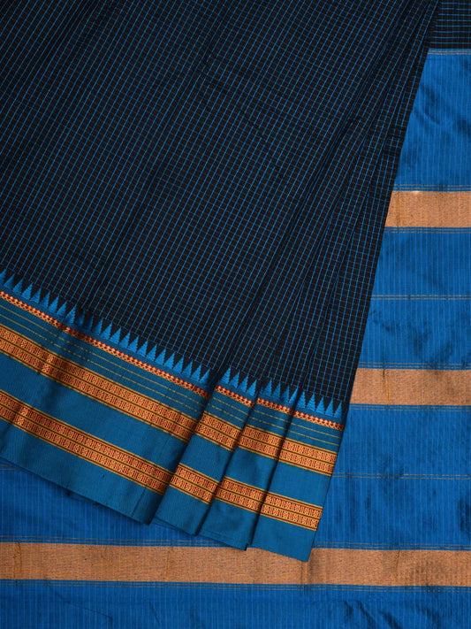 Black and Blue Narayanpet Cotton Silk Handloom Saree with Checks Design No Blouse np0595