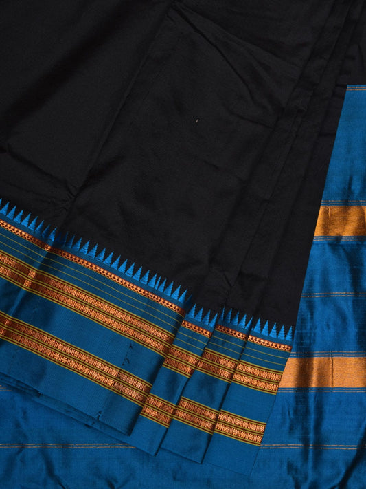 Black and Blue Narayanpet Silk Handloom Plain Saree with Traditional Border Design No Blouse np0641