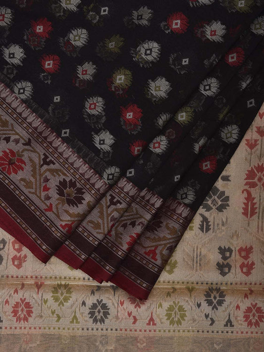 Black and Cream Dhakai Jamdani Cotton Viscose Saree with Buta and Border Design dj0090
