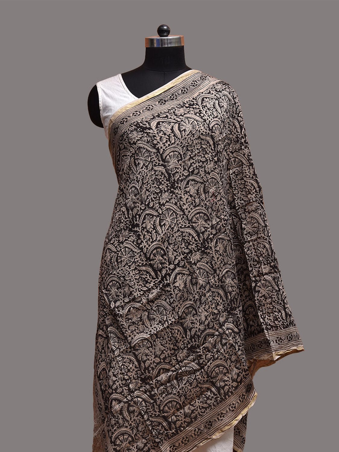 Black and Cream Kalamkari Block Print Cotton Silk Dupatta with Floral Design ds3761