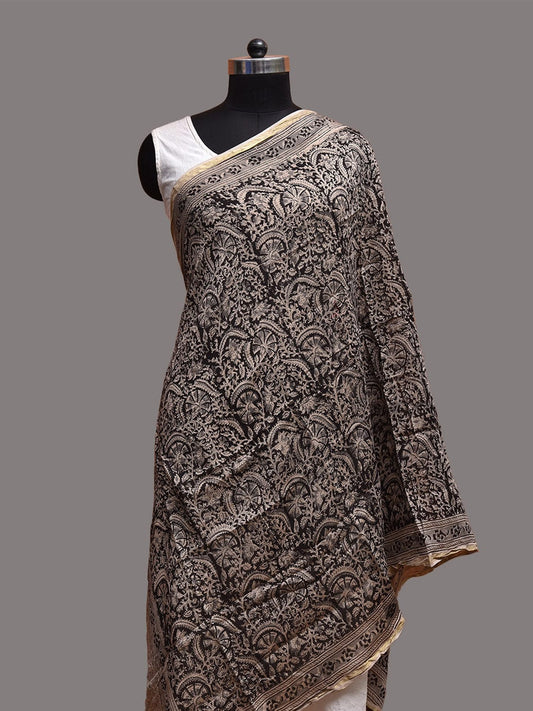 Black and Cream Kalamkari Block Print Cotton Silk Dupatta with Floral Design ds3761