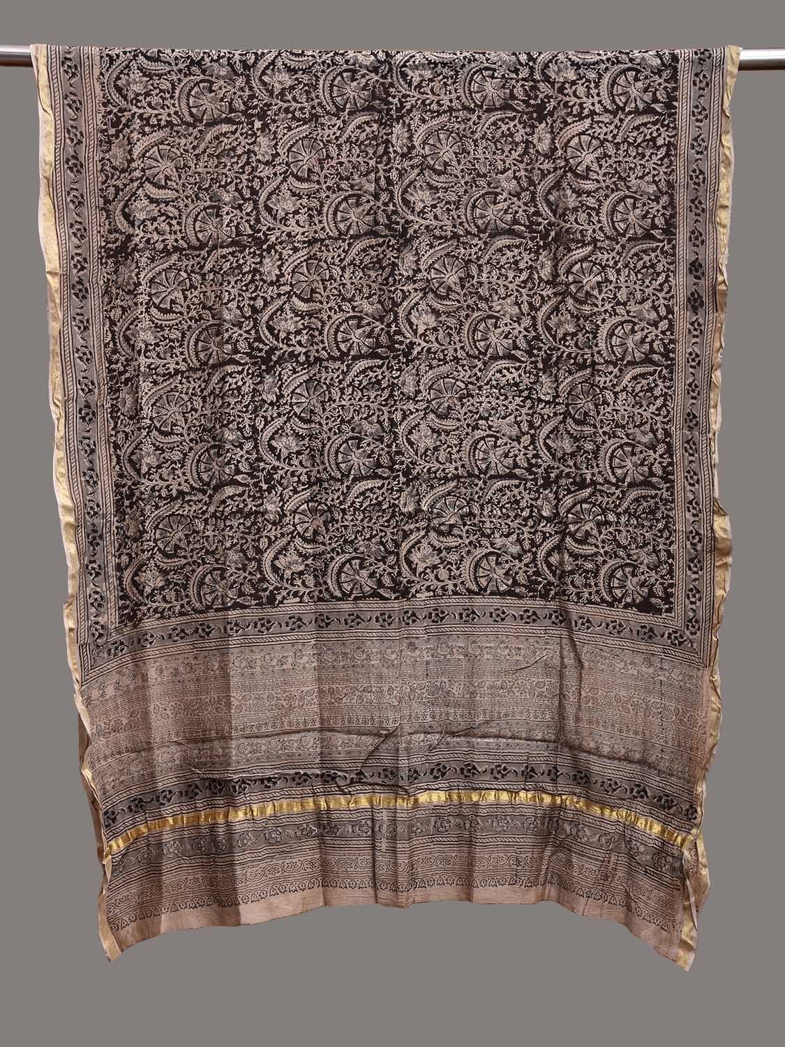 Black and Cream Kalamkari Block Print Cotton Silk Dupatta with Floral Design ds3761