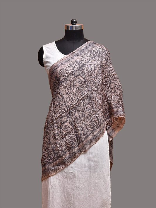 Black and Cream Kalamkari Block Print Tussar Stole with Floral Design ds3741