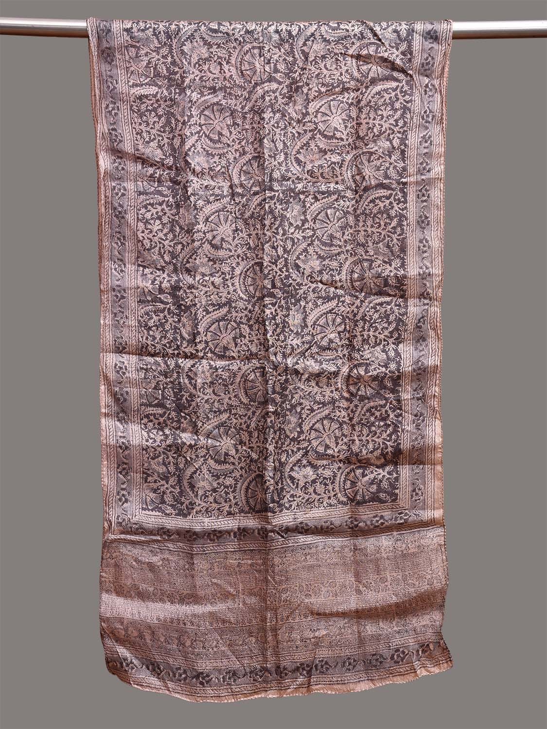 Black and Cream Kalamkari Block Print Tussar Stole with Floral Design ds3741