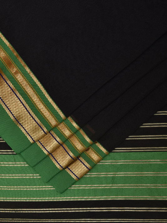 Black and Green Bamboo Cotton Plain Saree with Strips Pallu Design bc0328