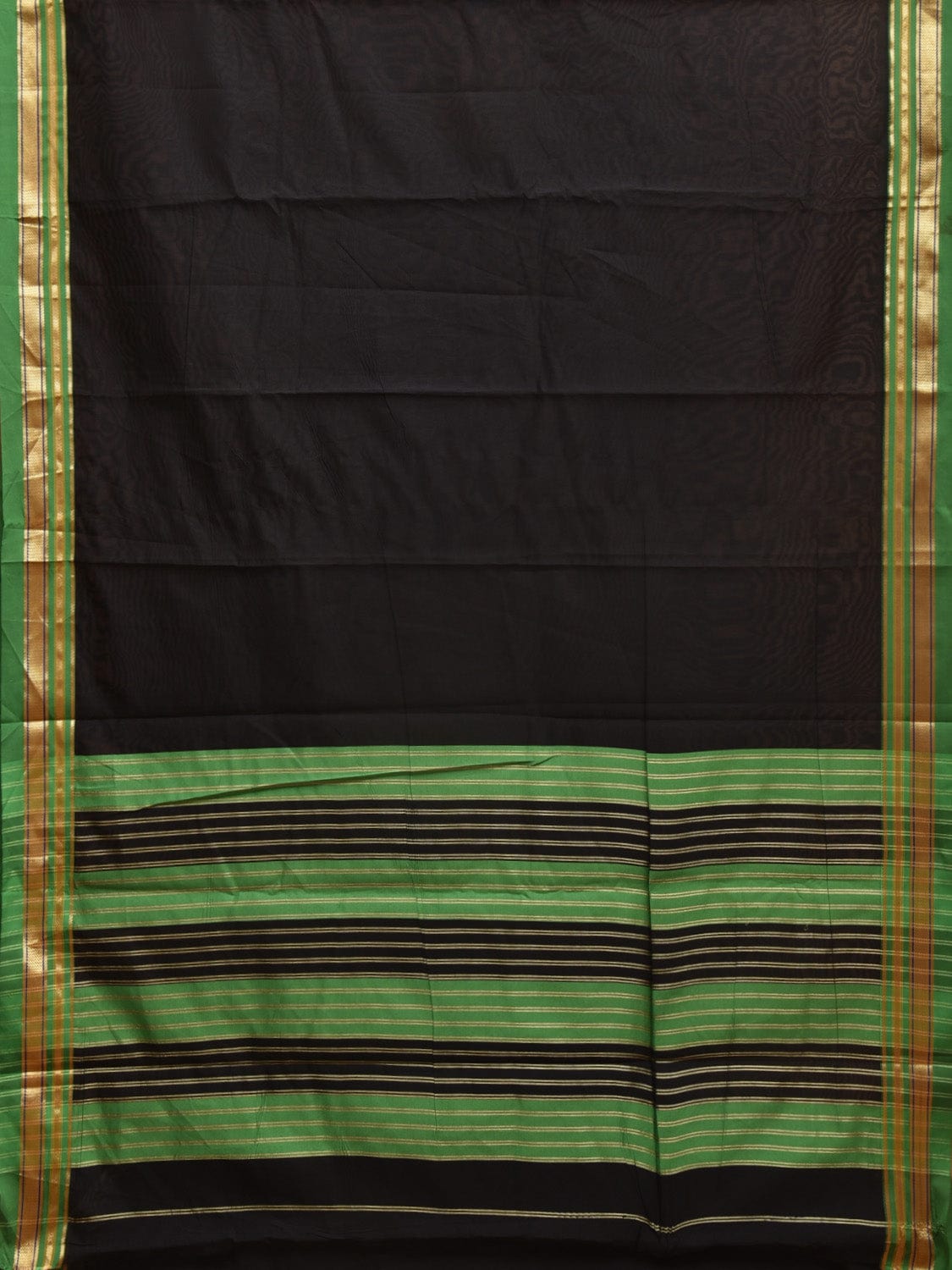 Black and Green Bamboo Cotton Plain Saree with Strips Pallu Design bc0328