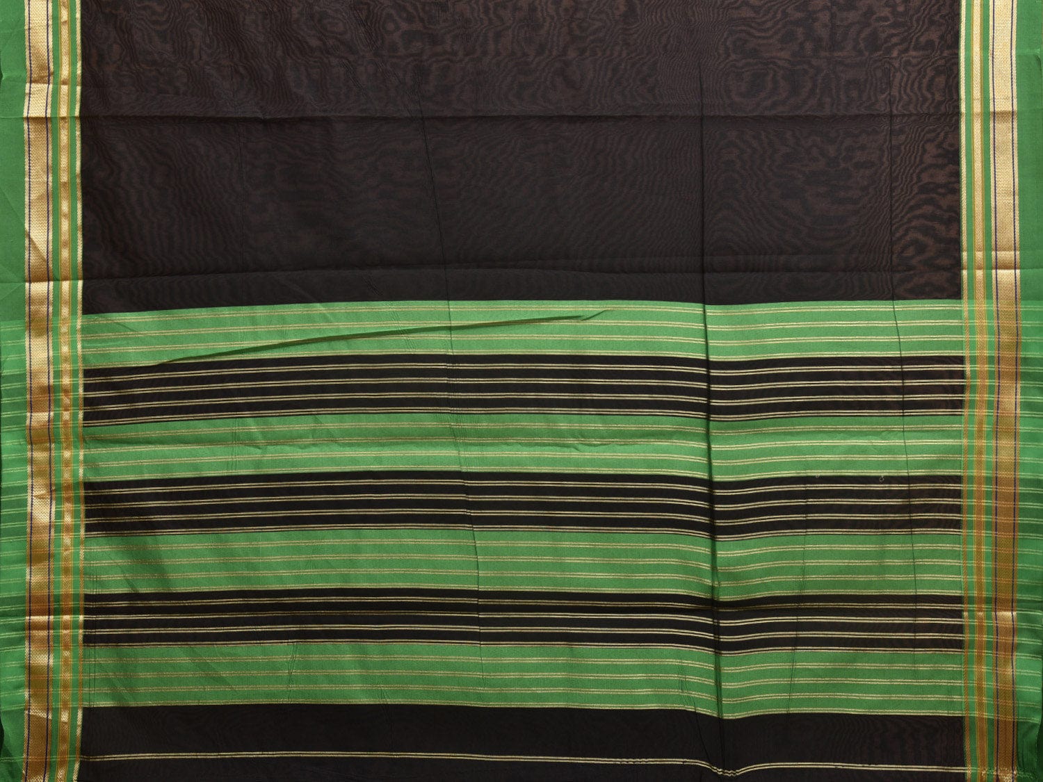 Black and Green Bamboo Cotton Plain Saree with Strips Pallu Design bc0328