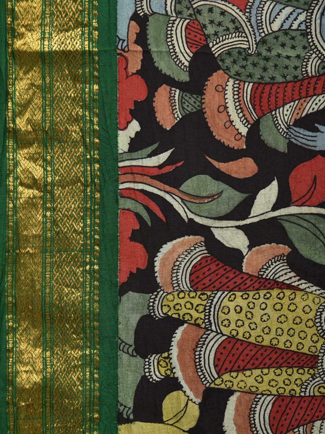 Black and Green Kalamkari Hand Painted Gadwal Silk Handloom Saree with Krishna Leele Design No Blouse KL0717