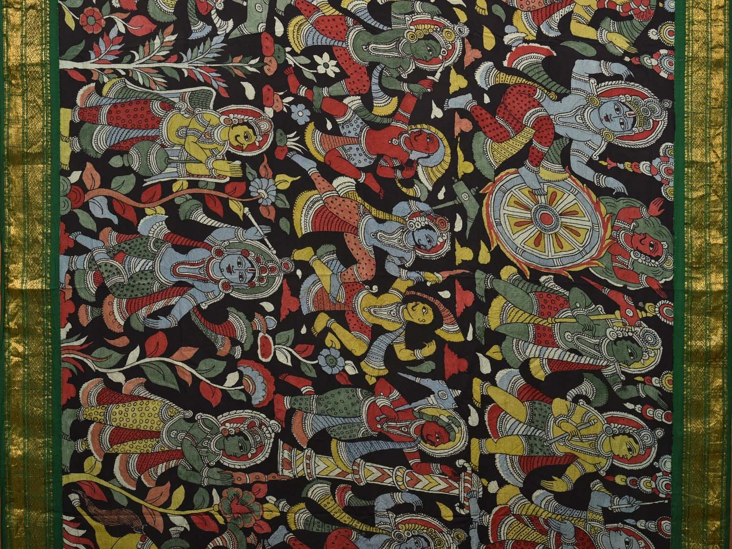 Black and Green Kalamkari Hand Painted Gadwal Silk Handloom Saree with Krishna Leele Design No Blouse KL0717