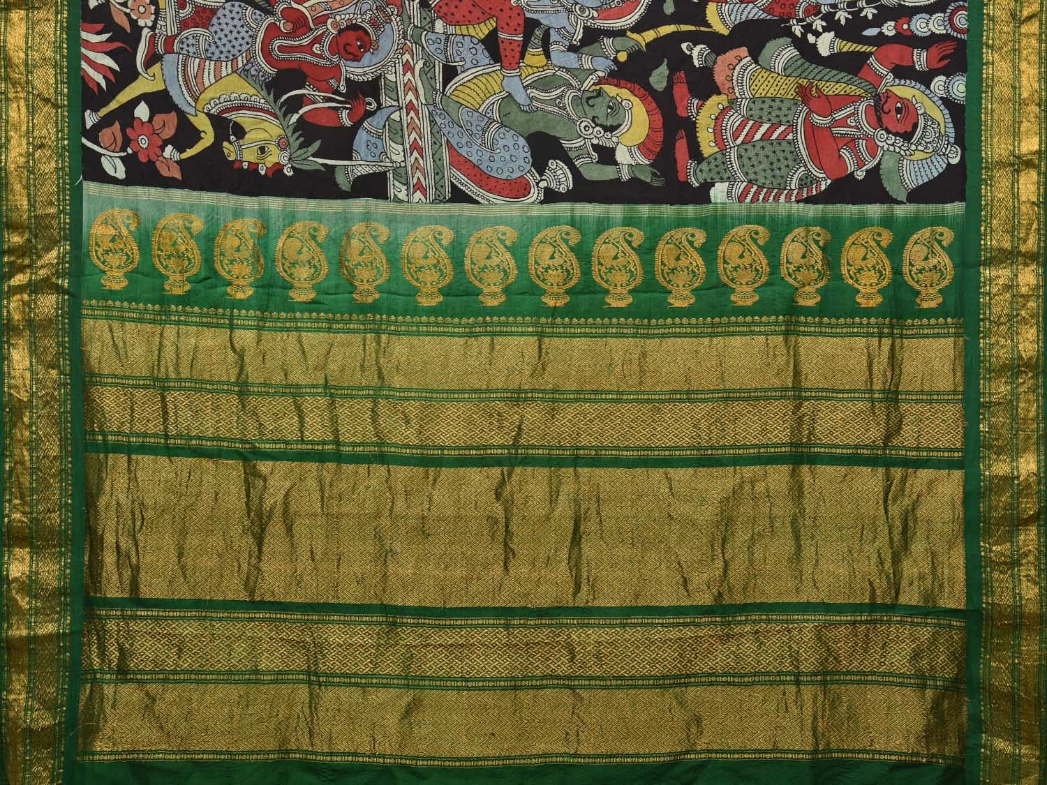 Black and Green Kalamkari Hand Painted Gadwal Silk Handloom Saree with Krishna Leele Design No Blouse KL0717