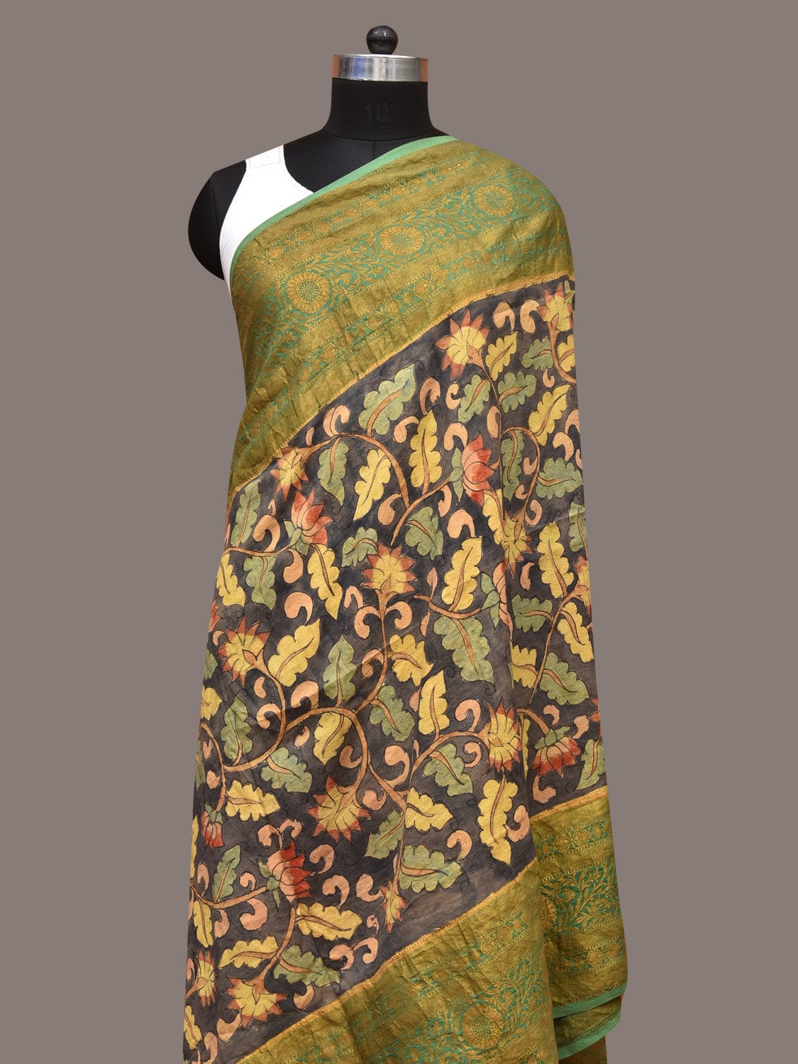 Black and Green Kalamkari Hand Painted Kanchipuram Silk Dupatta with Floral Design ds3353