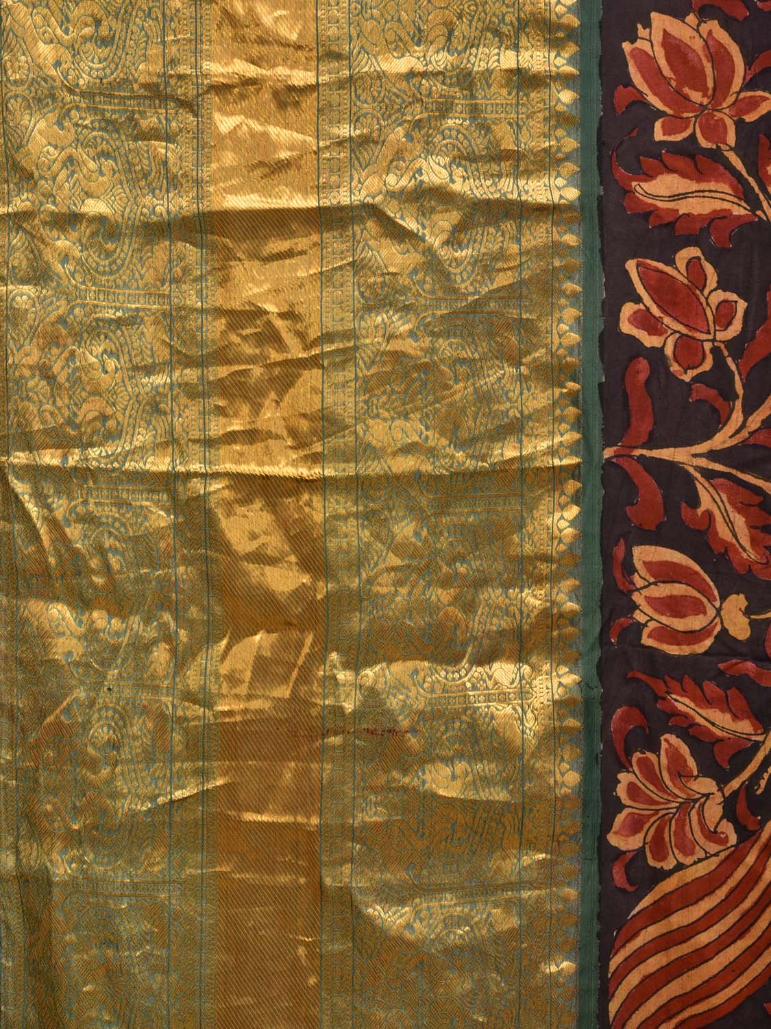 Black and Green Kalamkari Hand Painted Kanchipuram Silk Handloom Saree with Floral and Peacocks Design KL0479