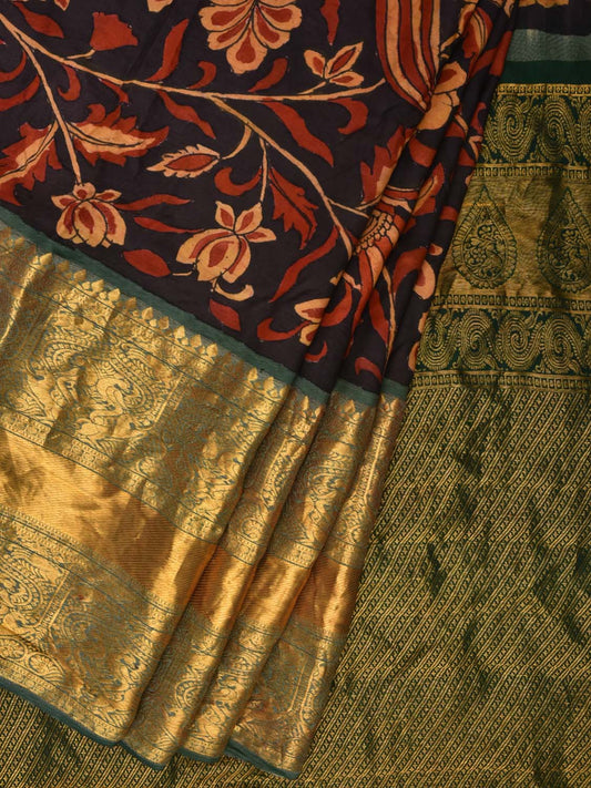 Black and Green Kalamkari Hand Painted Kanchipuram Silk Handloom Saree with Floral and Peacocks Design KL0479
