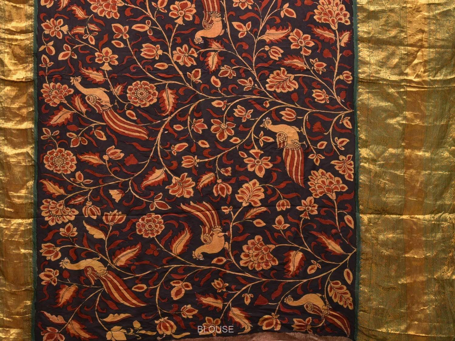 Black and Green Kalamkari Hand Painted Kanchipuram Silk Handloom Saree with Floral and Peacocks Design KL0479