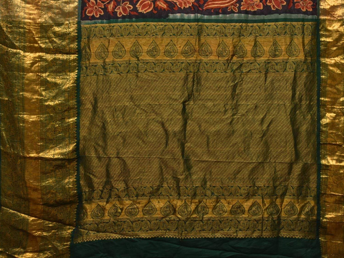 Black and Green Kalamkari Hand Painted Kanchipuram Silk Handloom Saree with Floral and Peacocks Design KL0479