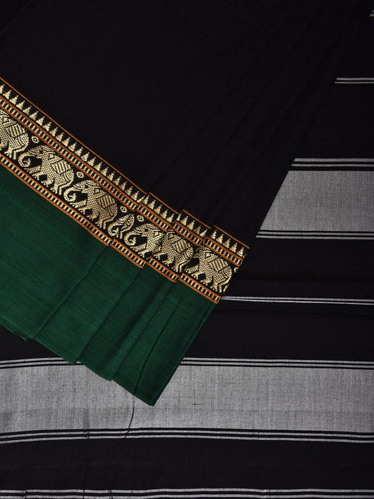 Black and Green Narayanpet Cotton Plain Saree with Strips and Elephant Border Design No Blouse np1095
