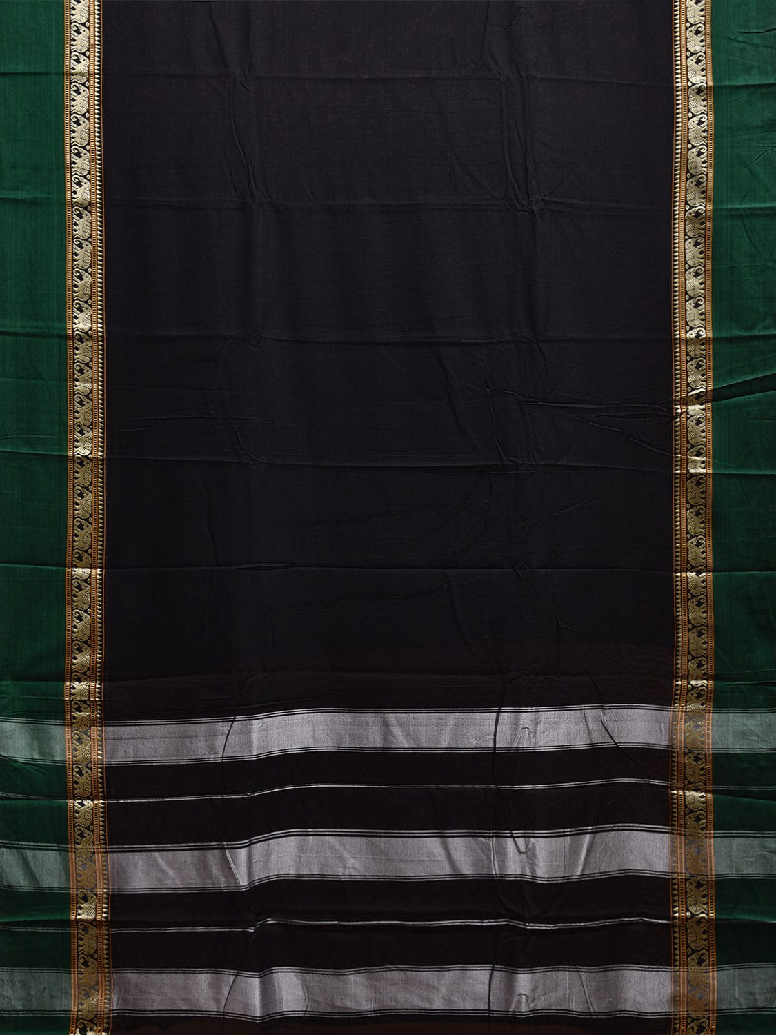 Black and Green Narayanpet Cotton Plain Saree with Strips and Elephant Border Design No Blouse np1095