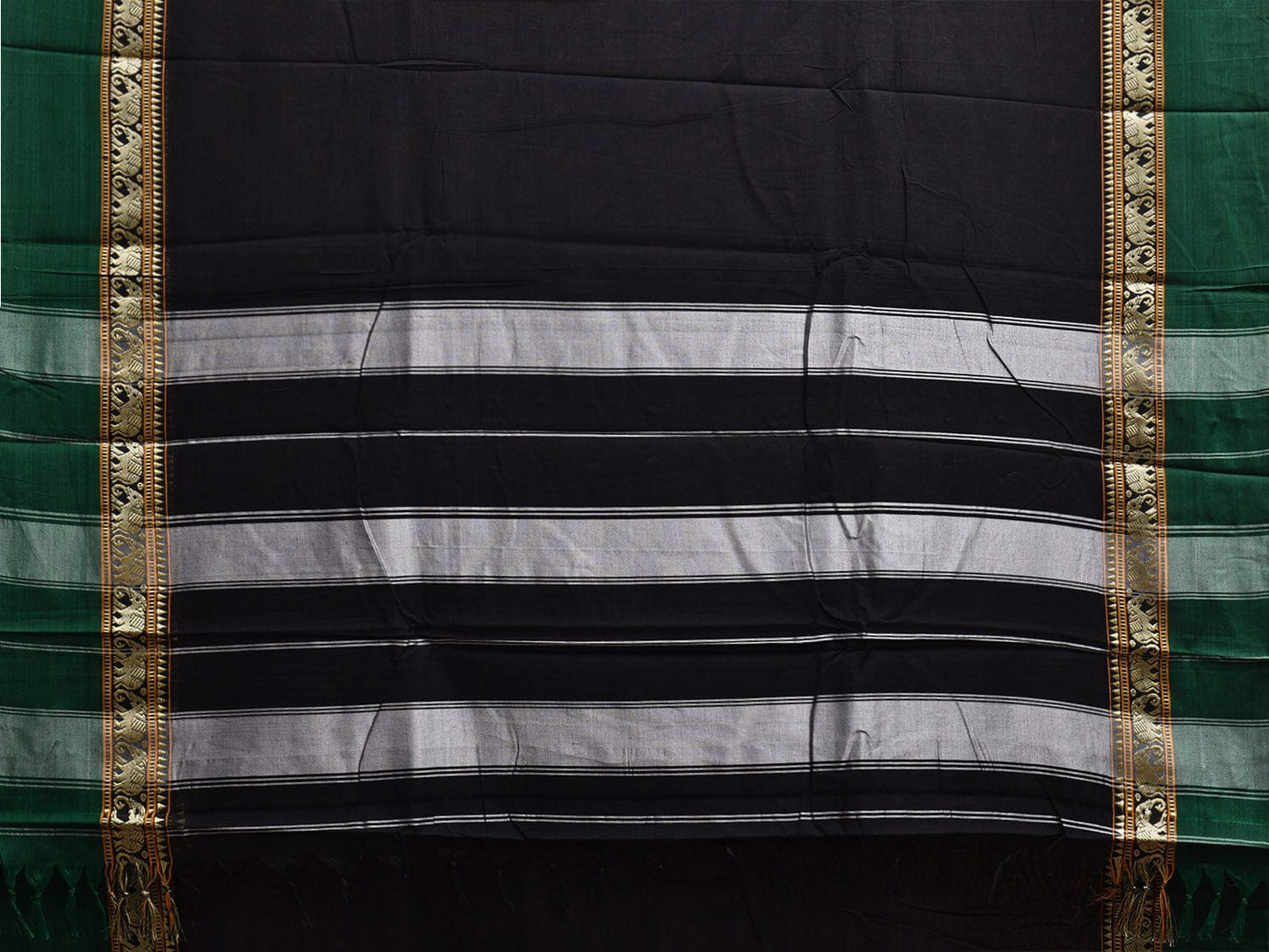 Black and Green Narayanpet Cotton Plain Saree with Strips and Elephant Border Design No Blouse np1095