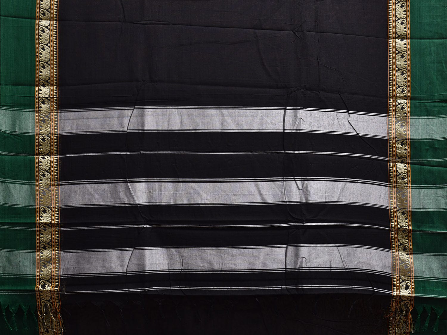 Black and Green Narayanpet Cotton Plain Saree with Strips and Elephant Border Design No Blouse np1095