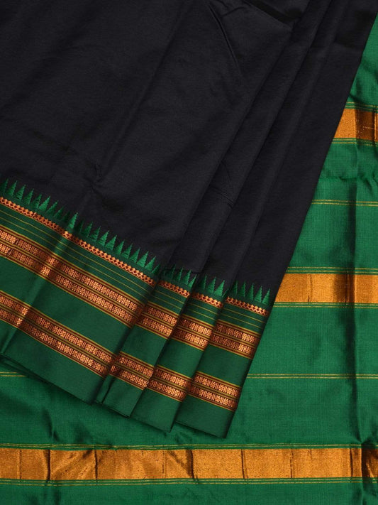 Black and Green Narayanpet Silk Handloom Plain Saree with Traditional Border Design No Blouse np0488